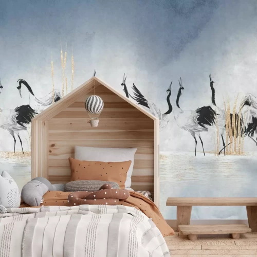 Fototapete Vögel, die im Wasser mit Gras stehen