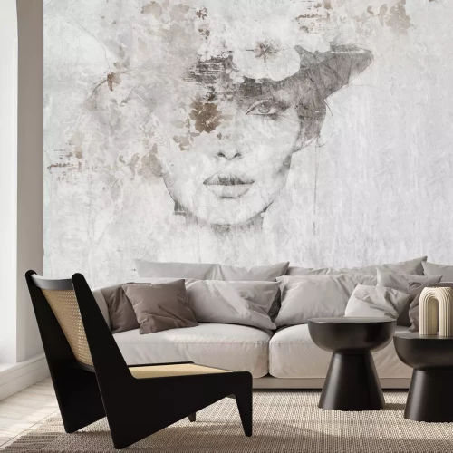 Fototapete Porträt einer Frau mit Hut und Blumen