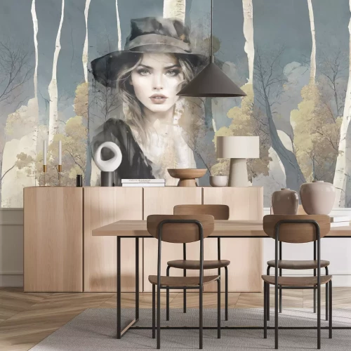 Fototapete Frau mit Hut in einer abstrakten Waldlandschaft