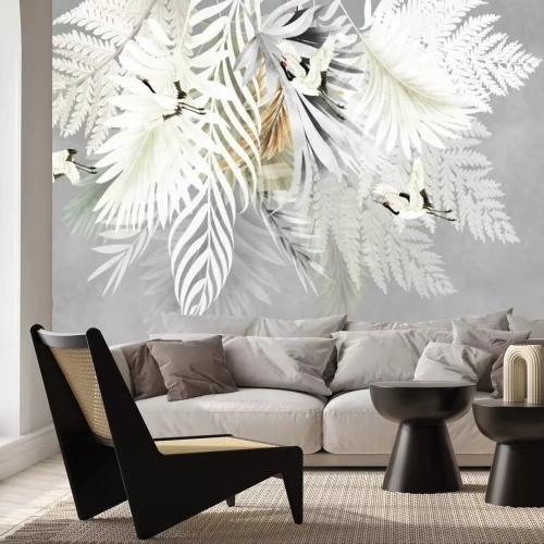 Fototapete Palm- und Farnblätter unter Vögeln