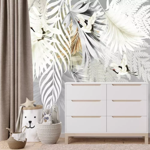 Fototapete Palm- und Farnblätter unter Vögeln