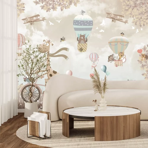 Fototapete Giraffe und andere Tiere in Fahrzeugen über einer Wiese