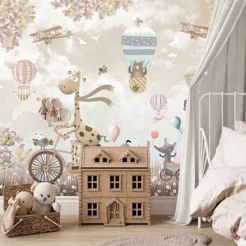 Fototapete Giraffe und andere Tiere in Fahrzeugen über einer Wiese