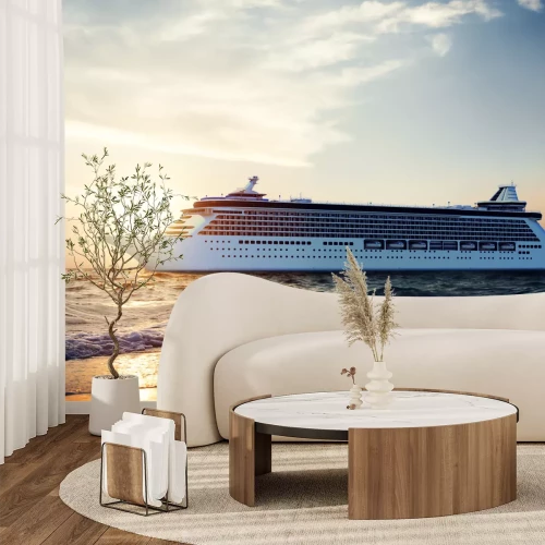 Fototapete Eine Yacht auf See vor der untergehenden Sonne