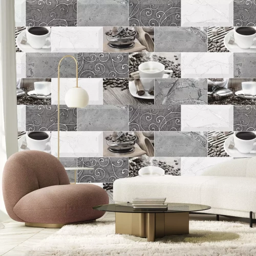 Fototapete Küchenfliesen mit Motiv von Kaffeetassen und Bohnen