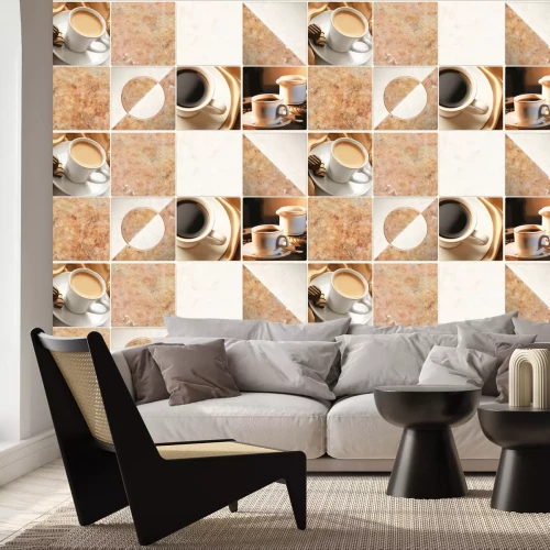 Fototapete Quadratische Fliesen mit Kaffeeservice-Motiv