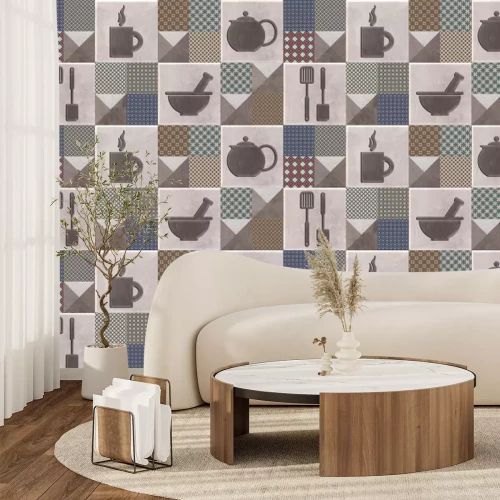 Fototapete Quadratische Fliesen mit Küchenutensilien