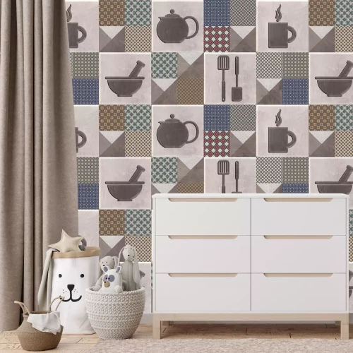 Fototapete Quadratische Fliesen mit Küchenutensilien