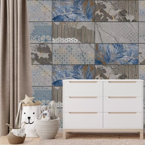 Fototapete Dunkle Fliesen mit Pflanzenmotiv