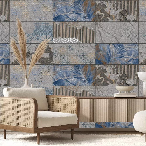 Fototapete Dunkle Fliesen mit Pflanzenmotiv