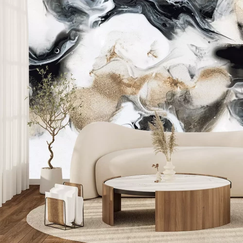 Fototapete Schwarz-weißer Marmor mit zarter goldener Verzierung