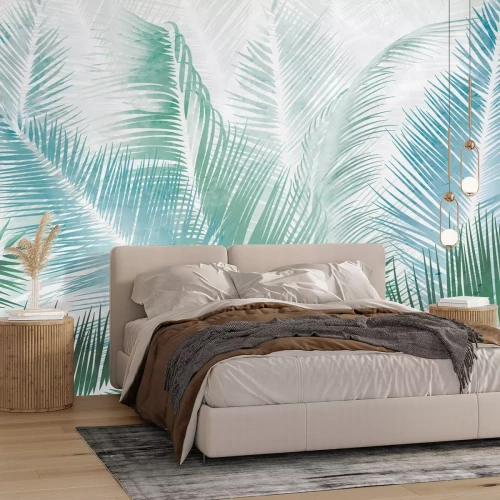 Fototapete Blaue und grüne Palmblätter botanisches Muster