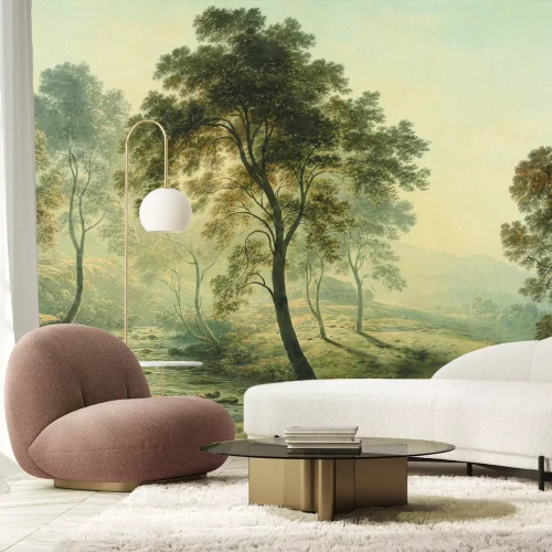 Fototapete Laubbäume am Fluss und Tieren