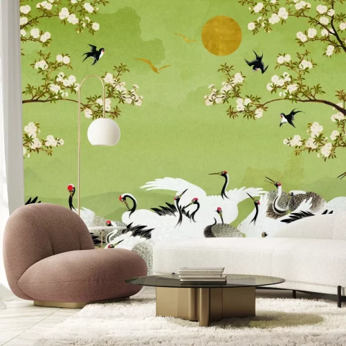 Fototapete Japanischer Garten mit Kranichen auf grünem Hintergrund