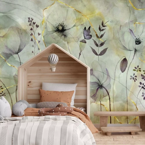 Fototapete Zarte wilde Mohnblumen mit goldener Verzierung