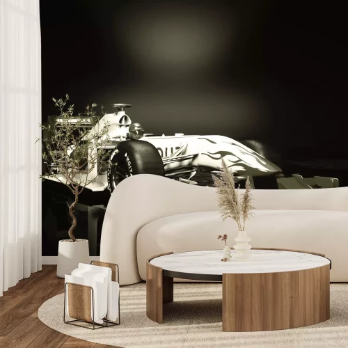 Fototapete Schwarzweiß-Foto eines Formel-1-Wagens mit Fahrer