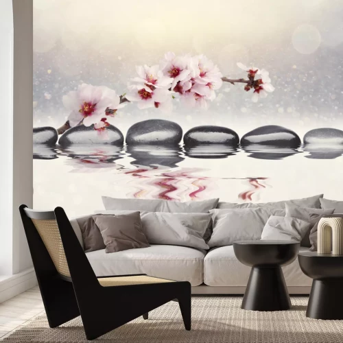 Fototapete Rosa Orchidee und Zen-Steine spiegeln sich im Wasser