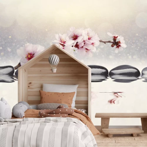 Fototapete Rosa Orchidee und Zen-Steine spiegeln sich im Wasser