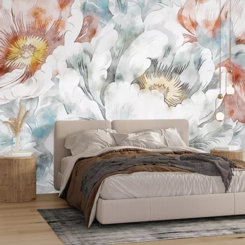 Fototapete Botanisches Motiv, aquarellgemalte Blumen