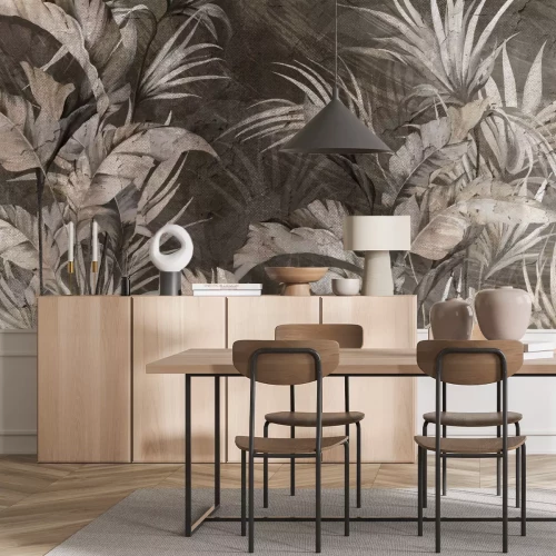 Fototapete Tropische Blätter vor Betonhintergrund im industriellen Stil