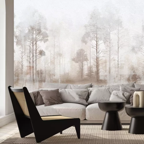 Fototapete Waldlandschaft mit Bäumen vor einem betonähnlichen Hintergrund