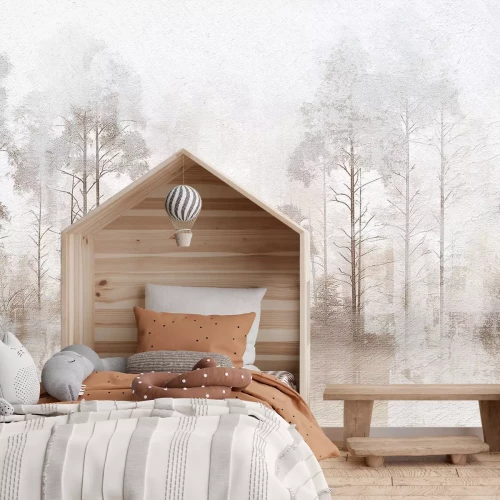 Fototapete Waldlandschaft mit Bäumen vor einem betonähnlichen Hintergrund