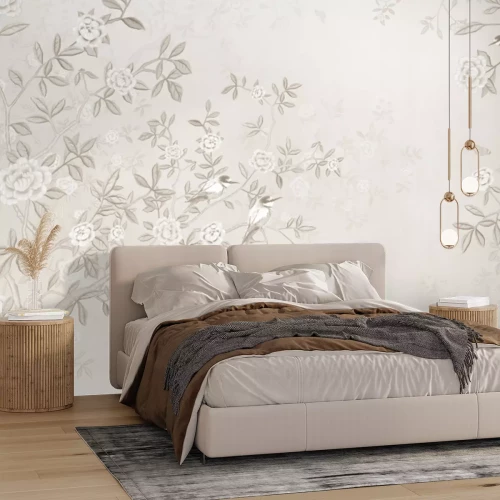 Fototapete Vögel auf blühenden Baumzweigen im Vintage-Stil