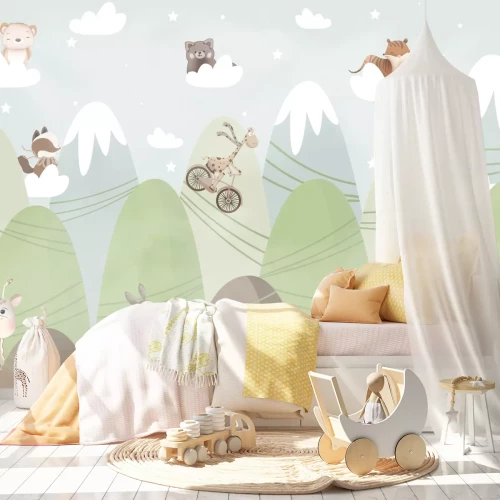 Fototapete Märchenhafte Landschaft Tiere auf Wolken und Bergen