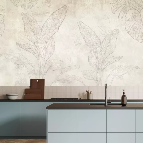 Fototapete Zarte Bananen- und Monstera-Blätter im Skizzenstil auf Betonhintergrund