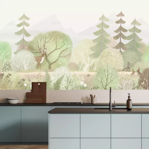 Fototapete Aquarellwald Pflanzen und Waldtiere Illustration