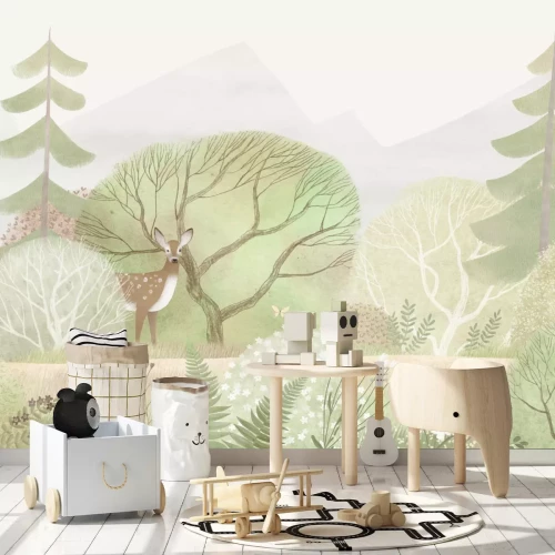 Fototapete Aquarellwald Pflanzen und Waldtiere Illustration