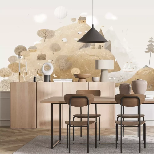 Fototapete Märchenhafte Landschaft Tiere auf einer Wiese und ein Haus auf dem Hügel Kinderdesign