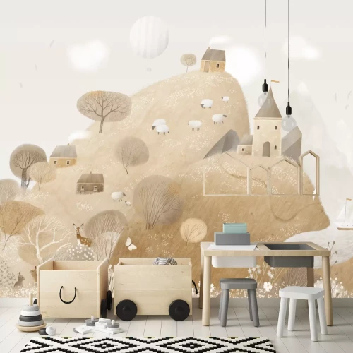 Fototapete Märchenhafte Landschaft Tiere auf einer Wiese und ein Haus auf dem Hügel Kinderdesign