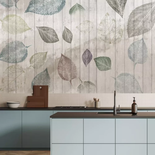 Fototapete Blätter auf Holzbretter-Hintergrund rustikaler Stil