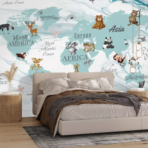 Fototapete Süße Tiere auf den Kontinenten Weltkarte für Kinder
