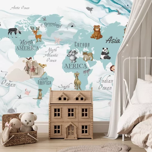 Fototapete Süße Tiere auf den Kontinenten Weltkarte für Kinder