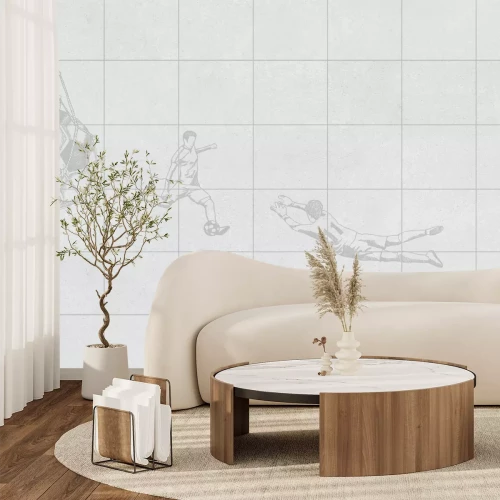 Fototapete Fußball im Netz und Spieler auf texturiertem Hintergrund