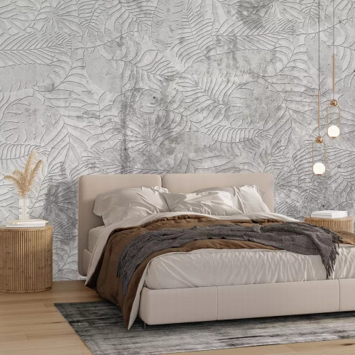 Fototapete Tropische Blätter auf strukturiertem Betonhintergrund