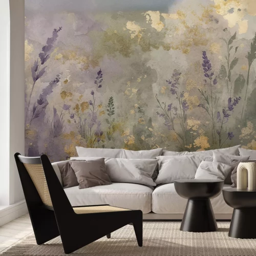 Fototapete Lavendelfeld mit goldenen Verzierungen