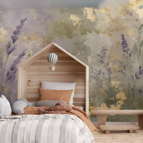 Fototapete Lavendelfeld mit goldenen Verzierungen