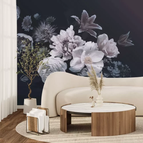 Fototapete Blumen und Schmetterlinge auf dunklem Hintergrund