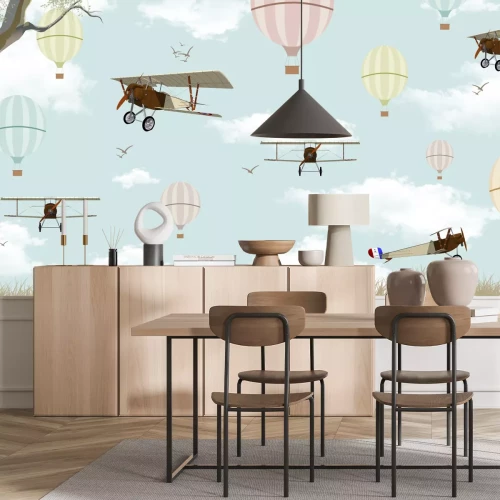 Fototapete Flugzeuge und Ballons vor einem Himmel mit Wolken