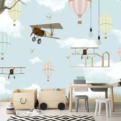 Fototapete Flugzeuge und Ballons vor einem Himmel mit Wolken