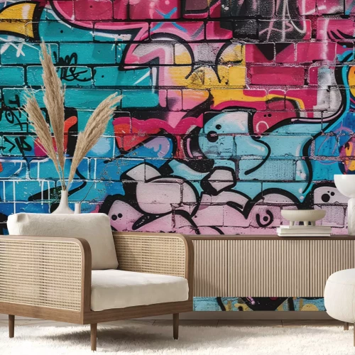 Fototapete Buntes Graffiti auf einer Ziegelwand