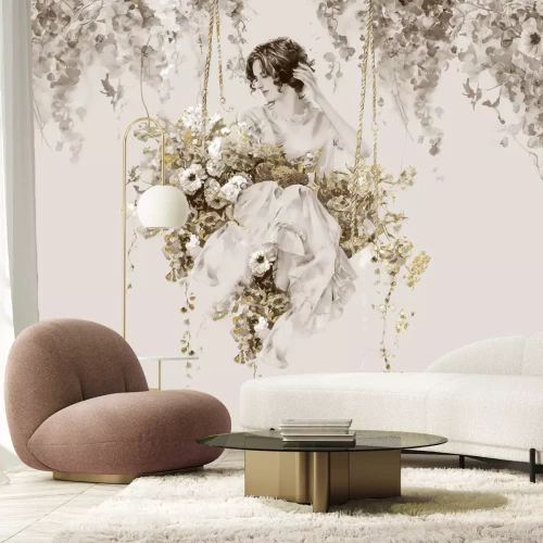 Fototapete Frau auf einer Schaukel zwischen Blumen