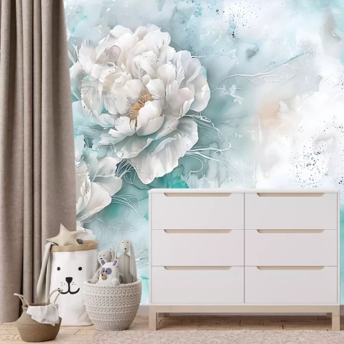 Fototapete Weiße Pfingstrosen auf blauer Aquarellmalerei