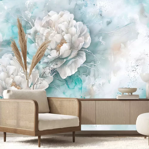 Fototapete Weiße Pfingstrosen auf blauer Aquarellmalerei