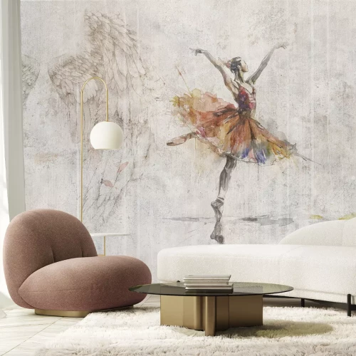 Fototapete Engelsflügel und tanzende Ballerina Komposition vor Betonhintergrund