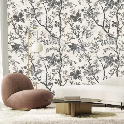 Fototapete Monochromatisches Muster mit Zweigen und Blättern
