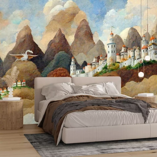 Fototapete Schloss und weißer Drache Märchenillustration